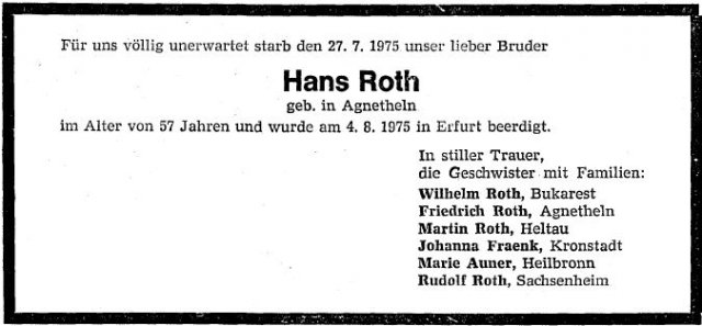 Roth Hans 1917-1975 Todesanzeige